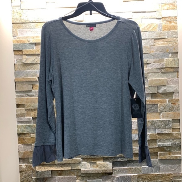 Vince Camuto Mixed Media Knit Poplin Cuffs Blouse - Picture 2 of 5